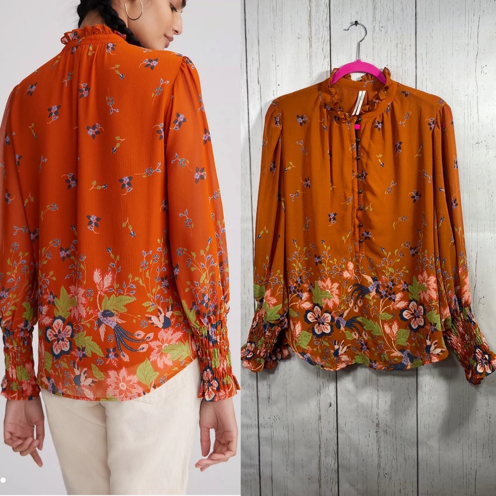 Anthropologie Womens Floral Boho Chiffon Button Front Puffed Sleeve Blouse